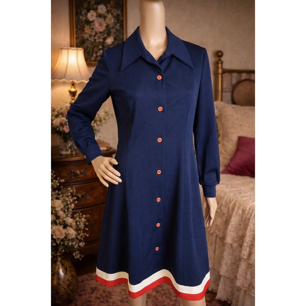 70s Vintage Verona Knits Navy A Line, Red White Trim Patriotic Mod Dress - L